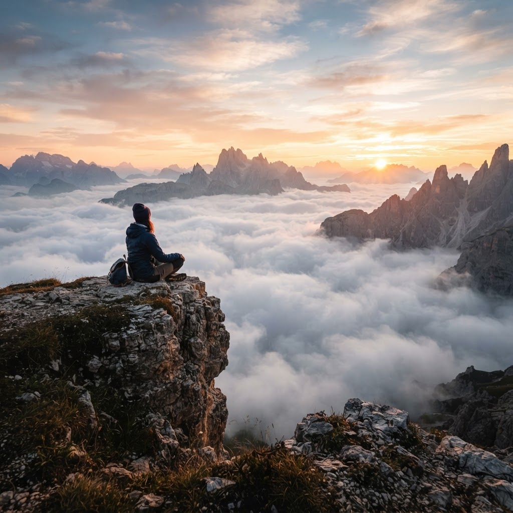 A person sitting on rocks looking over misty mountains at sunrise